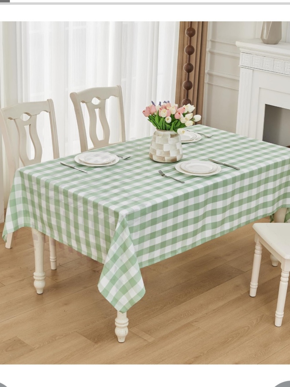 Gingham Tablecloth Cotton Blend Rectangular  95x55” GREEN WHITE